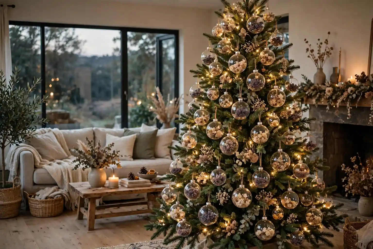 Christmas tree decorated with clear ornaments filled with small dried flowers in a living room.