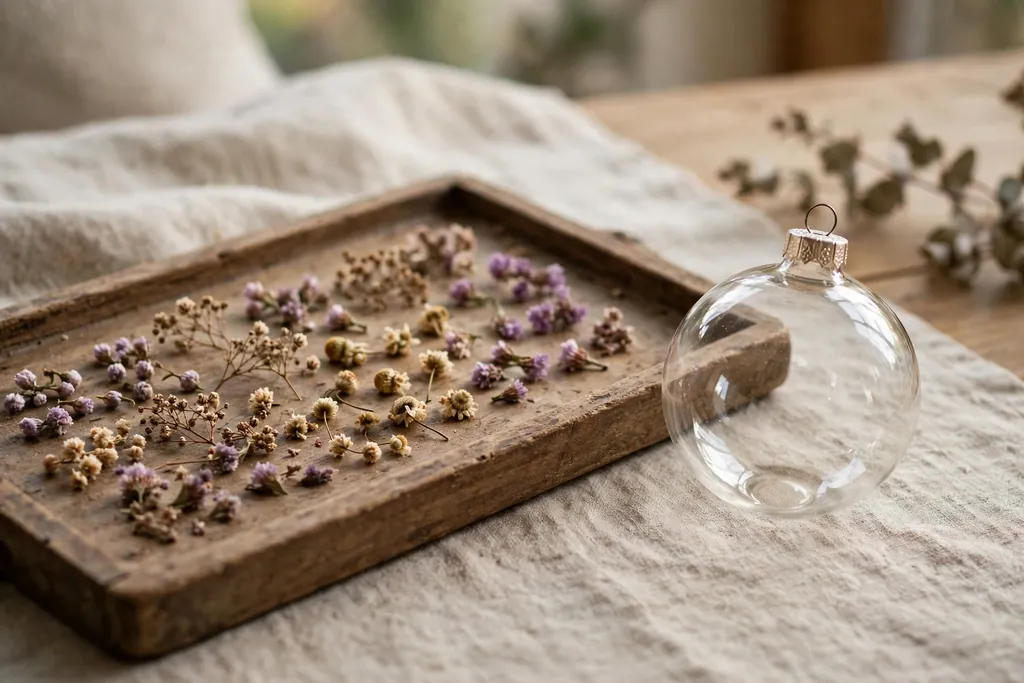 Small dried flowers on a tray beside a clear Christmas ornament.
