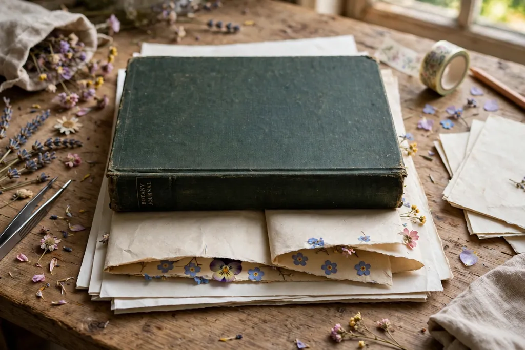 Small flowers being pressed flat between paper sheets under a book.