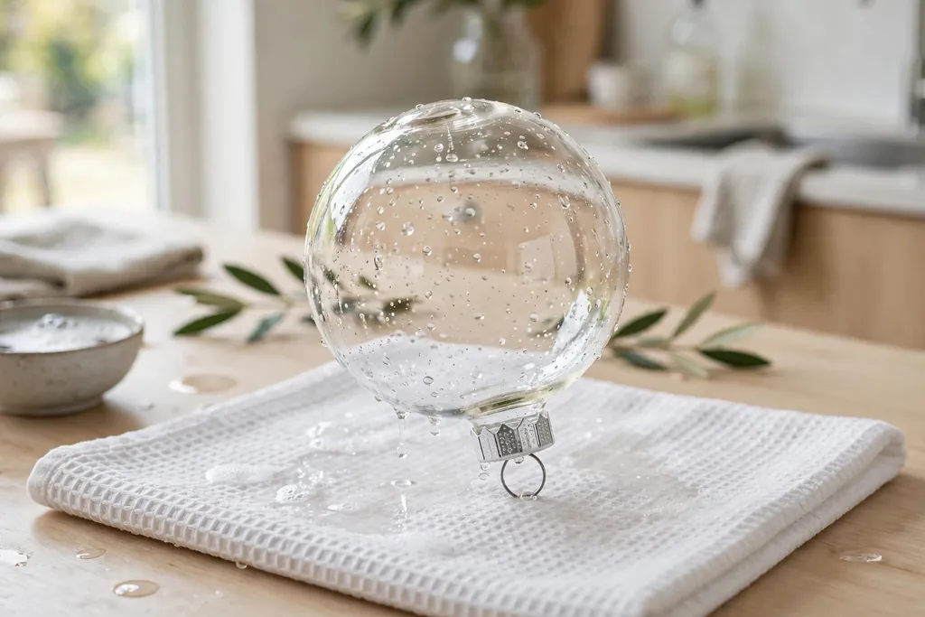 Clear ornament drying upside down on a clean towel after washing.
