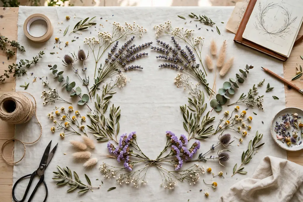 Dried flowers and greenery laid out in a planned ornament design.