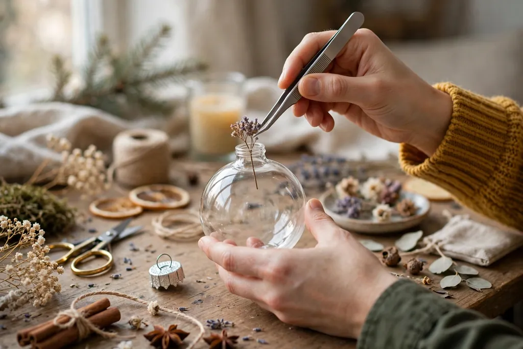 Tweezers placing a small dried flower inside a clear ornament.