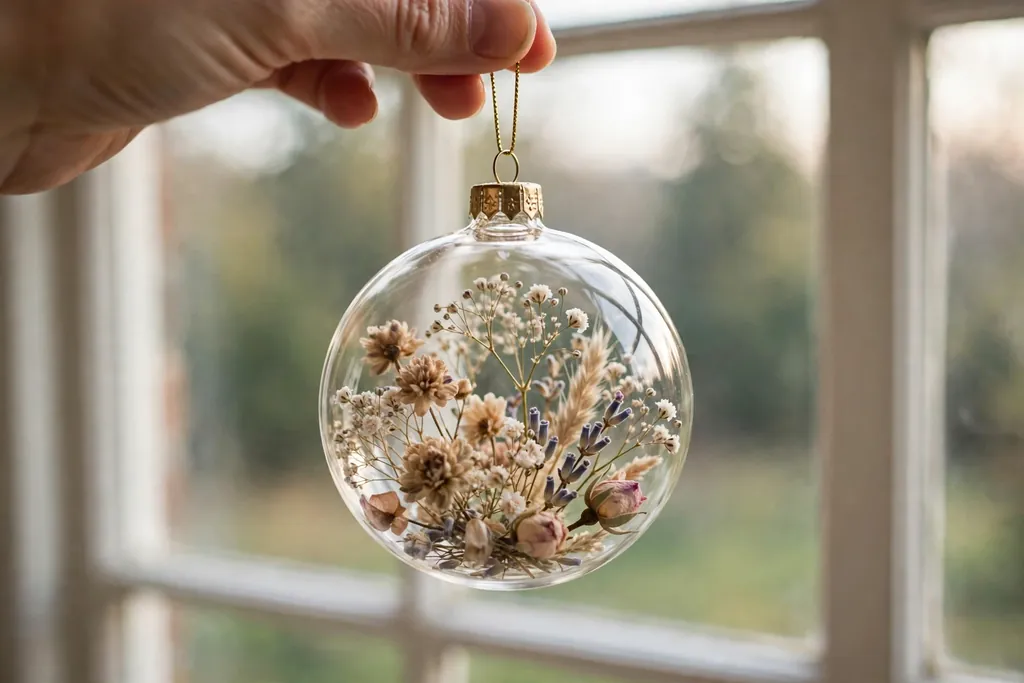 Clear ornament filled with small flowers and sprigs of baby's breath.