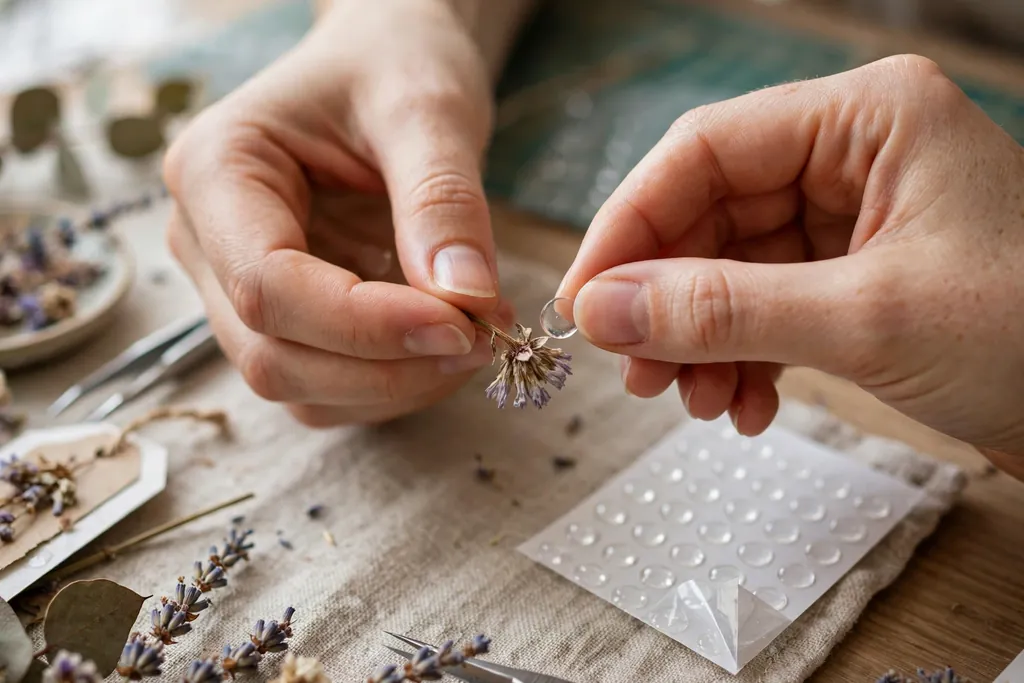 Small clear adhesive dot applied to the back of a dried flower.