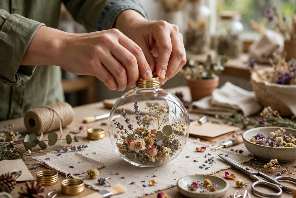 Cap being pressed firmly onto a clear flower filled ornament.