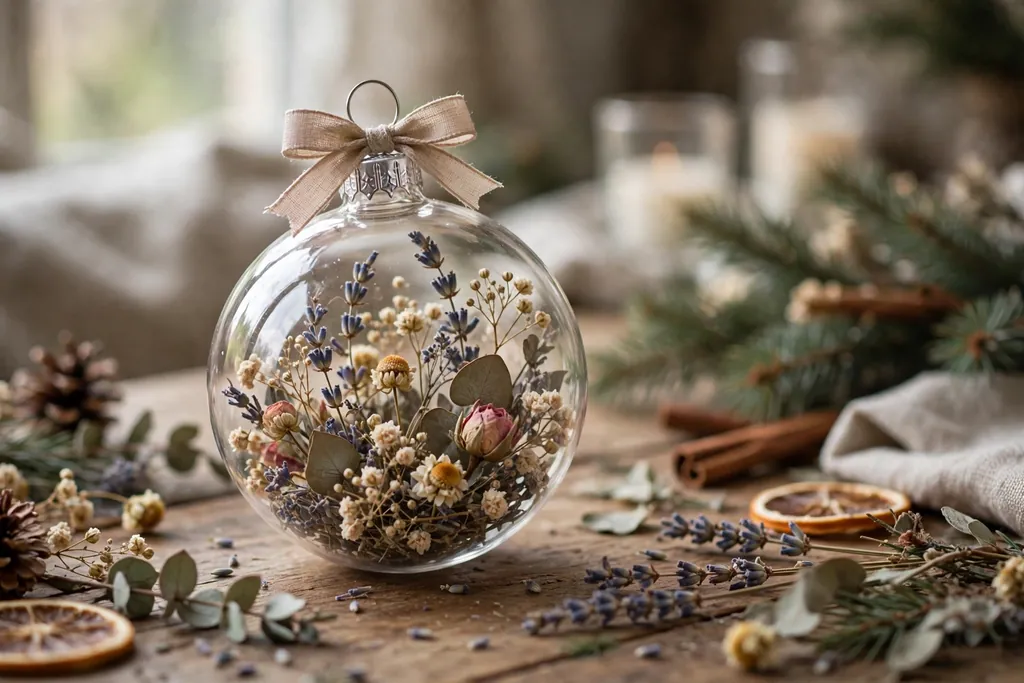 Flower filled Christmas ornament with a small ribbon bow at the top.