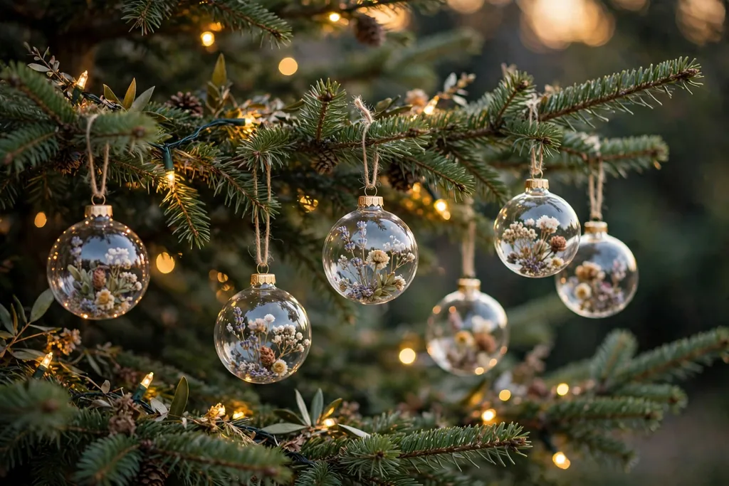 Flower filled ornaments hanging spaced apart on a Christmas tree.