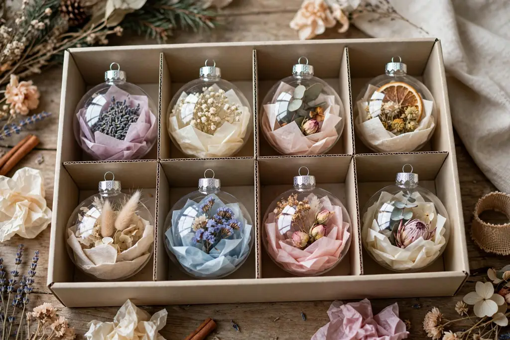 Flower filled ornaments wrapped in tissue paper in a storage box.