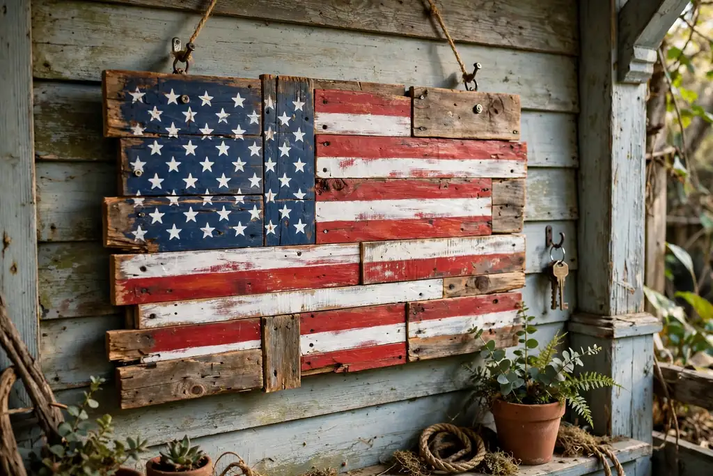 A painted scrap wood American flag sign hanging on a porch wall.
