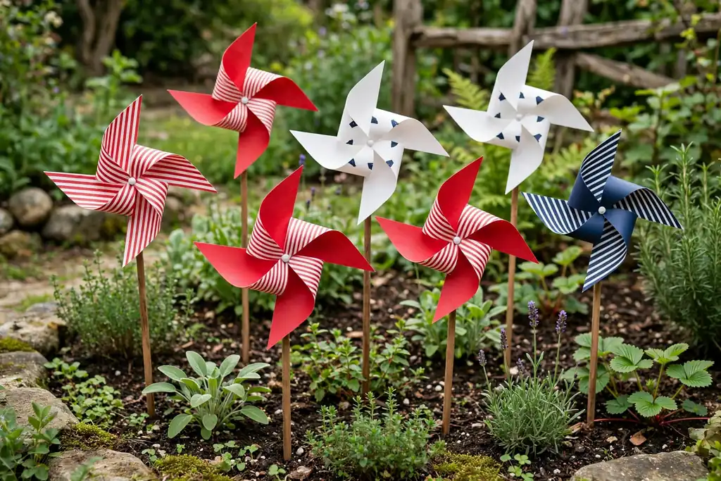Paper pinwheels in red, white, and navy on wooden dowels in a garden bed.