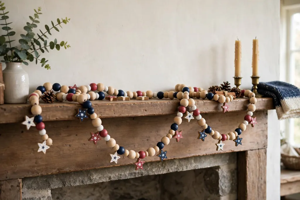 A wooden bead garland with red, white, and navy beads and small painted stars draped on a mantel.