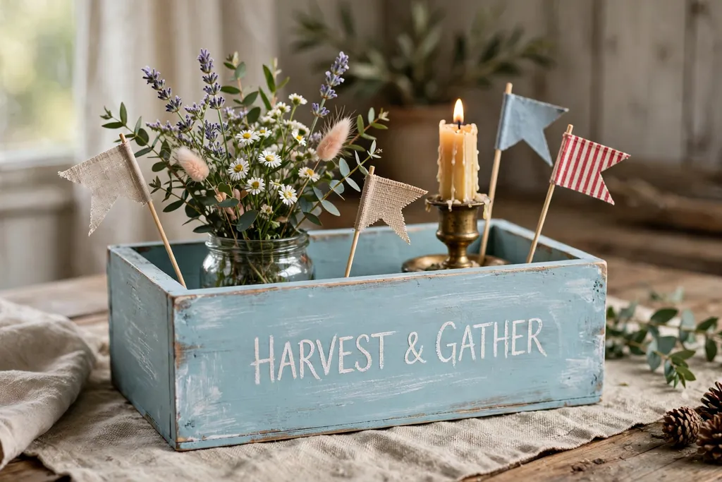 A chalk-painted wooden crate centerpiece with small flags, a jar of flowers, and a candle holder on a table.