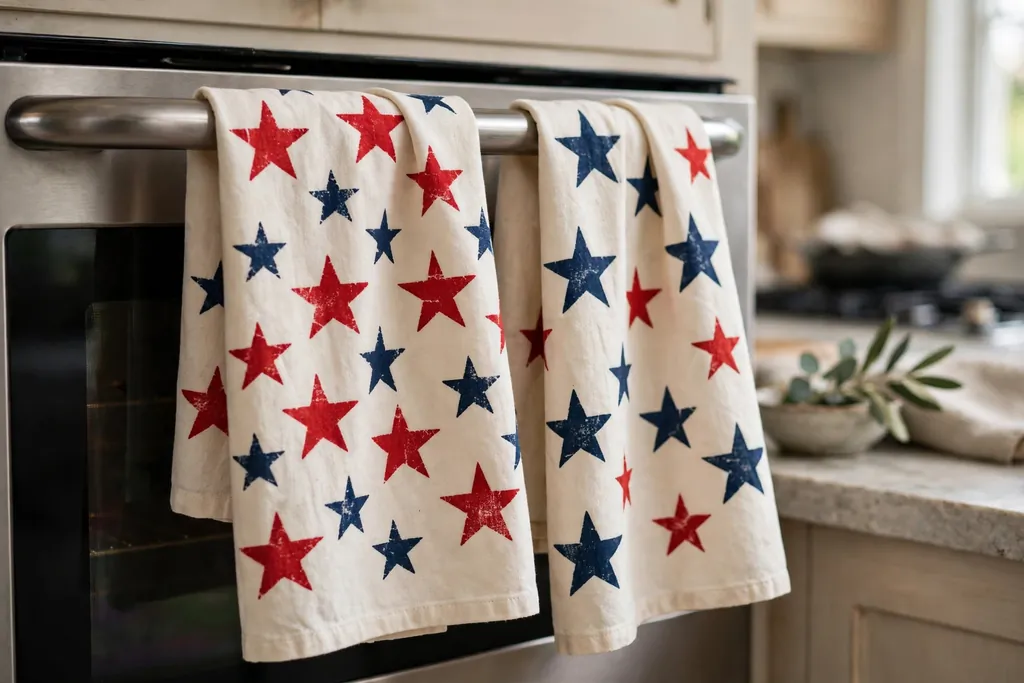 Plain cotton tea towels stenciled with red and navy stars hanging on an oven handle.