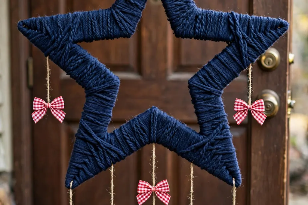A yarn-wrapped star wreath in navy with small red and white bows hanging on a door.