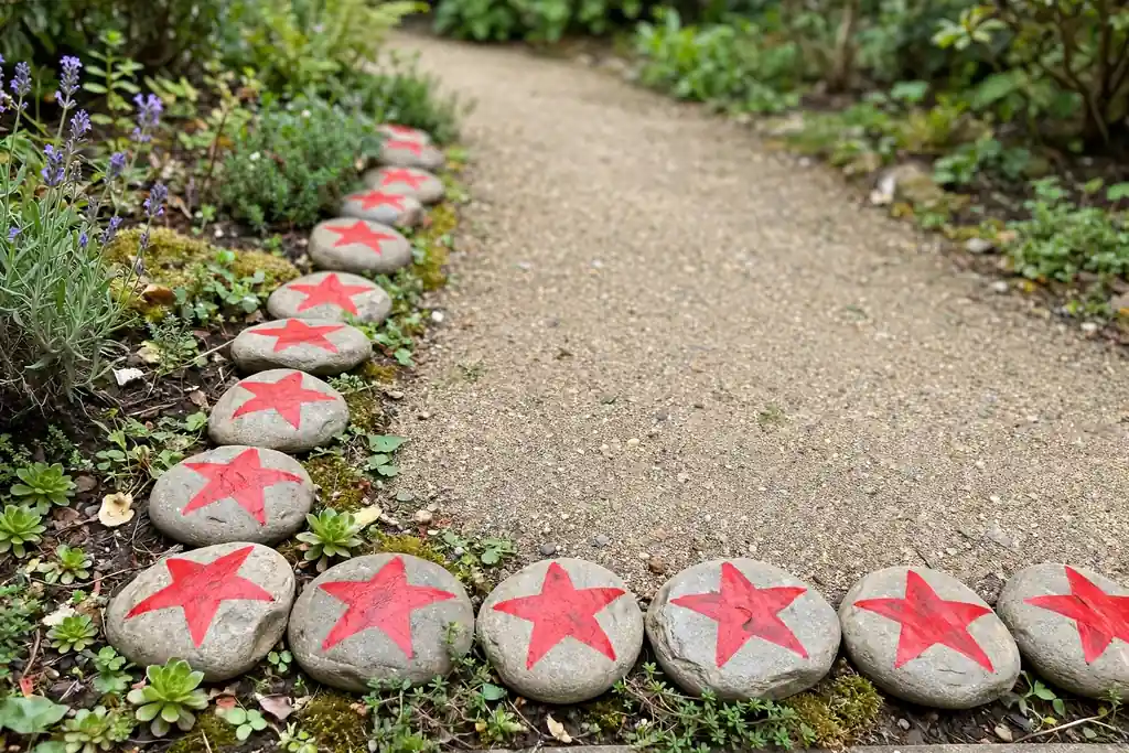 Painted flat rocks with red stars placed along a garden walkway edge.