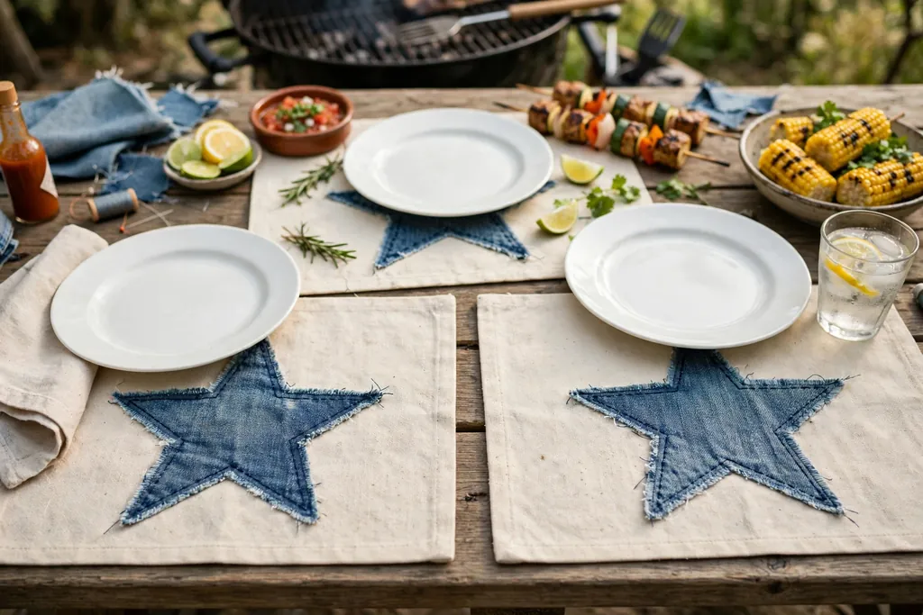 Cotton placemats with cut denim star appliques set on a cookout table with white plates.