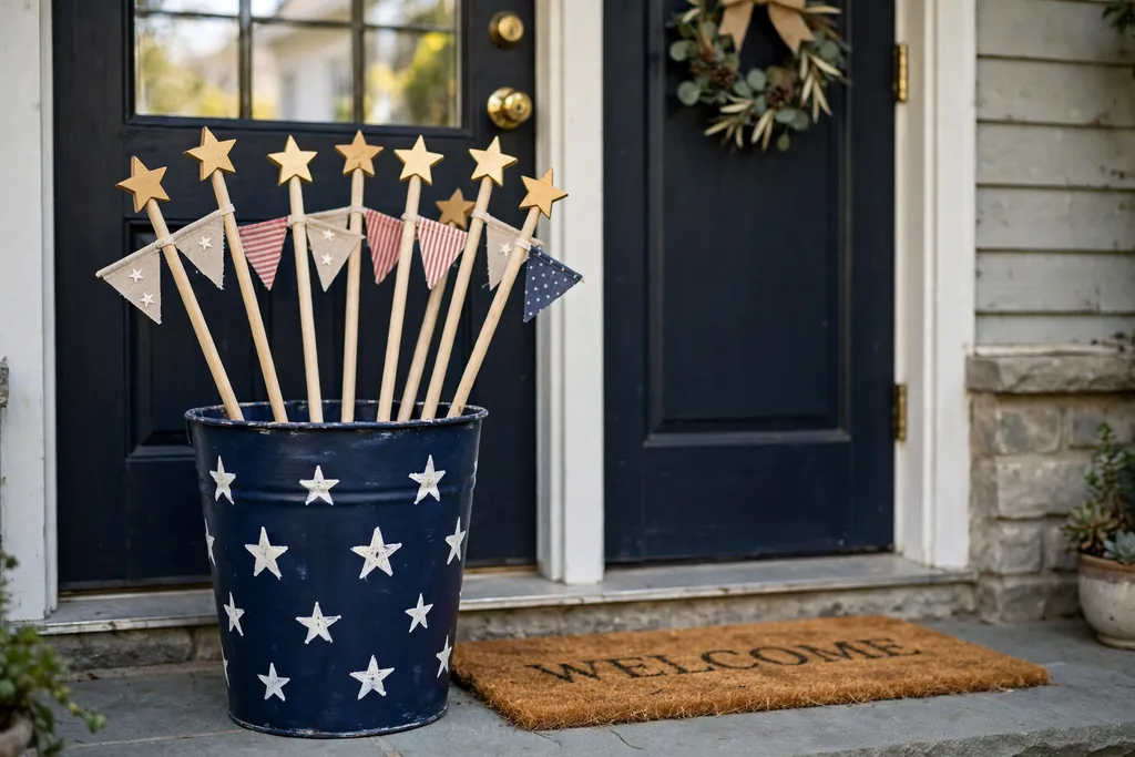 A painted navy bucket with white stars holding wooden dowels topped with stars and small flags by a front door.