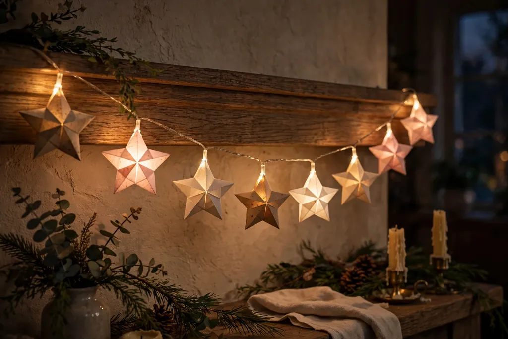 Folded paper stars slipped over battery string lights hanging along a mantel in the evening.