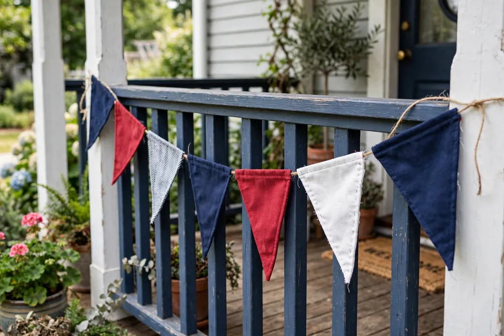 A sewn fabric pennant bunting garland in red, navy, and white along a porch rail.