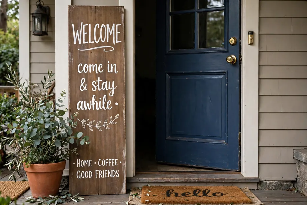 A tall hand-lettered wood porch sign beside a front door with a potted plant.