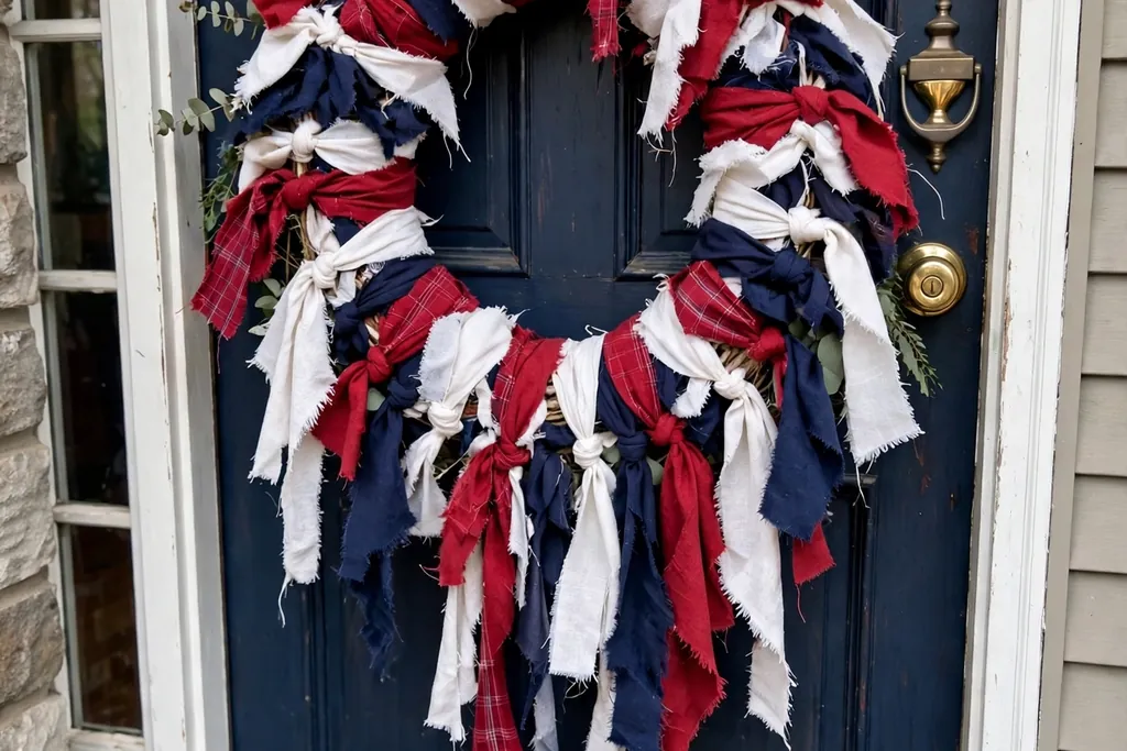 A torn fabric rag wreath in red, white, and navy hanging on a front door.