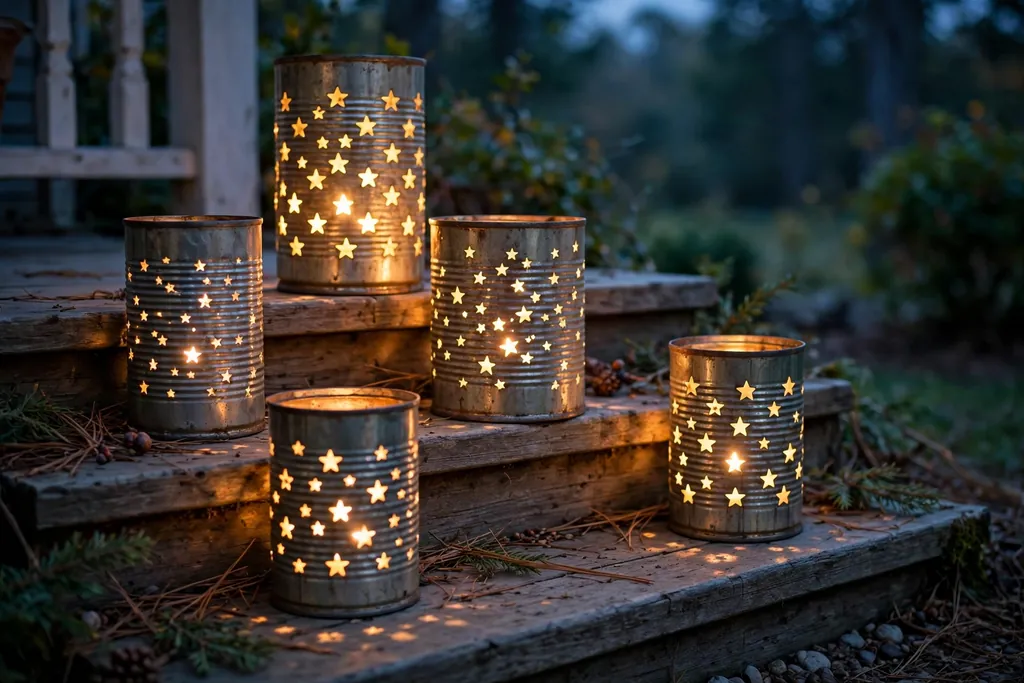 Punched tin can lanterns with star holes glowing on porch steps in the evening.