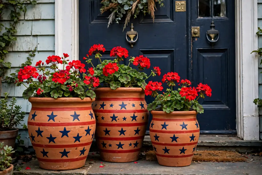 Hand-painted terracotta pots with red stripes and navy stars holding red flowers by a front door.