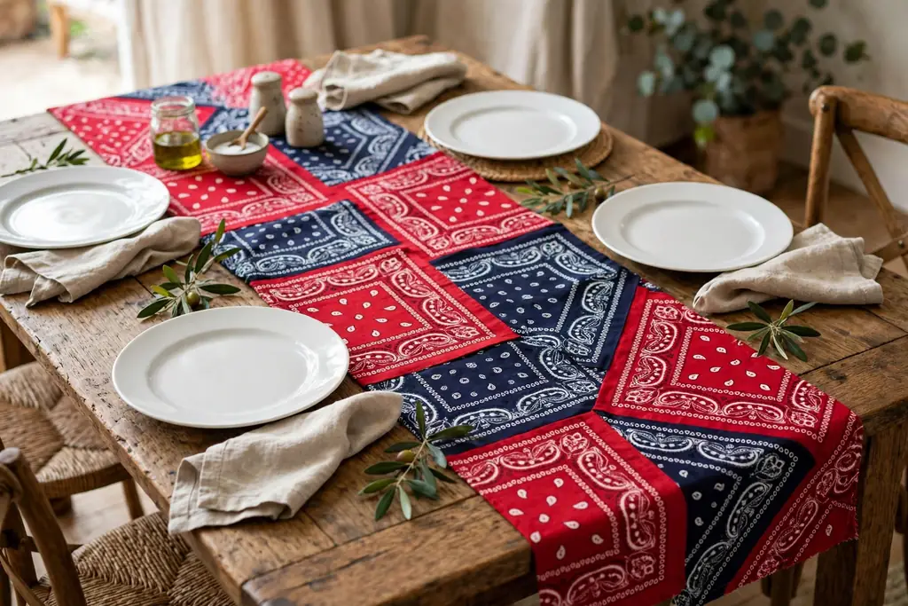 A dining table with a no-sew bandana table runner in red and navy and plain white plates.