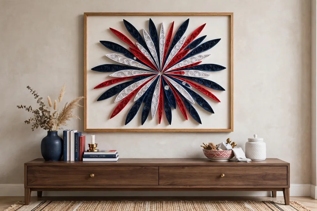 Rolled paper firework wall art in red, white, and navy framed above a console table.