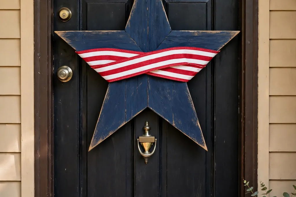 A large painted wooden star door hanger in navy with a red and white striped band on a front door.