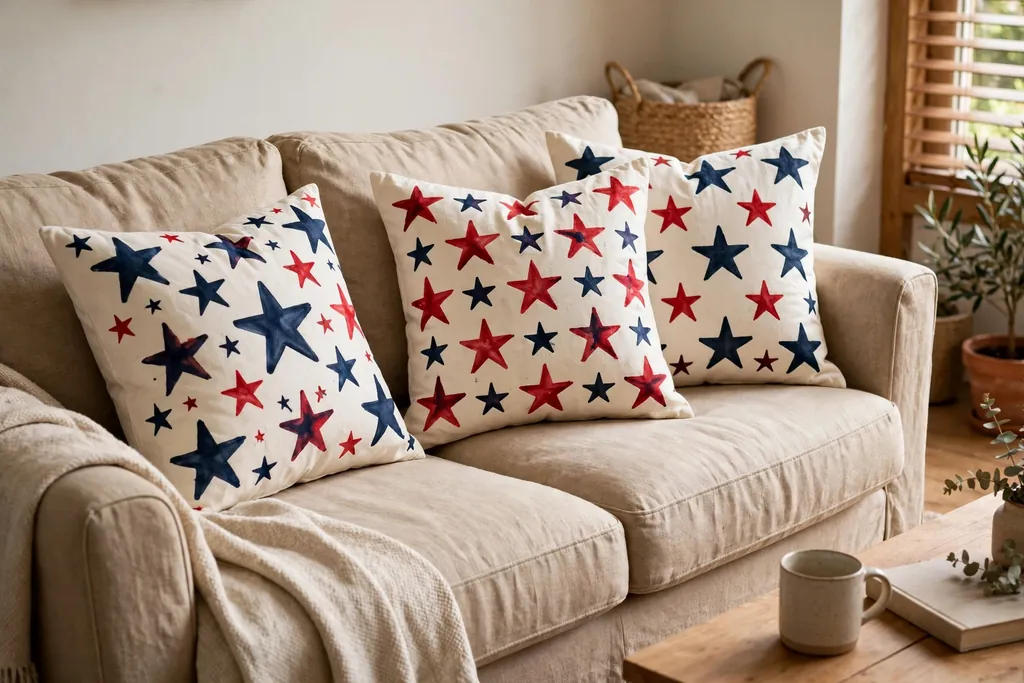A sofa with plain cotton pillow covers painted with red and navy stars.