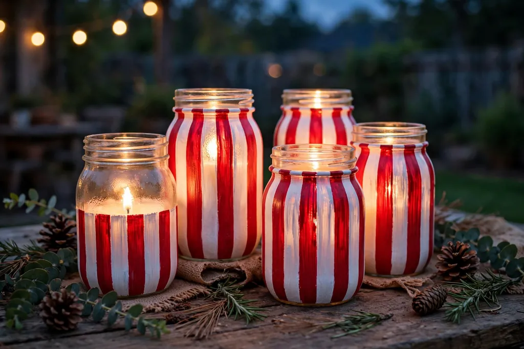 Painted mason jar candle lanterns with red and white stripes grouped on a table in the evening.