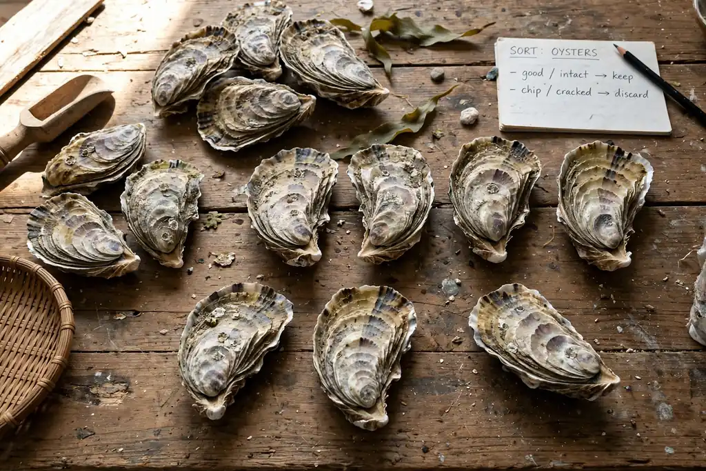 Sturdy oyster shells of similar size laid out on a table for sorting.