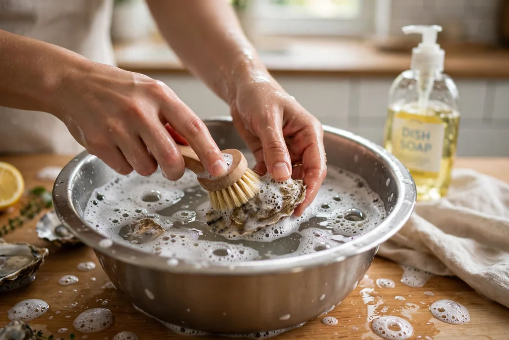Hands brushing an oyster shell clean in warm soapy water.