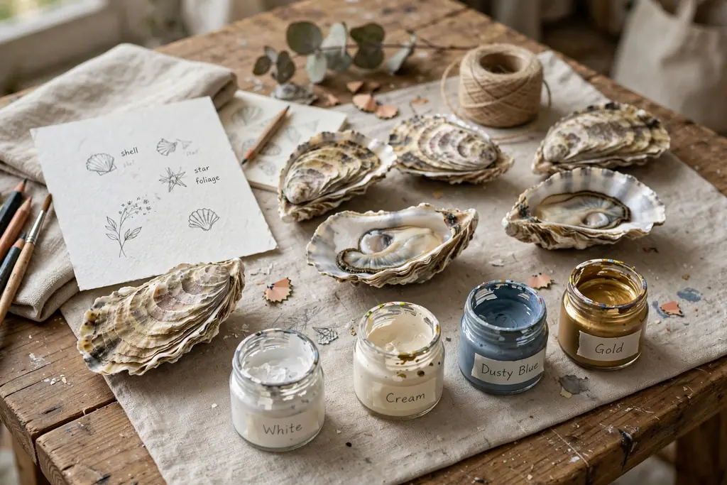 Oyster shells laid out with paint colors and small motif sketches.