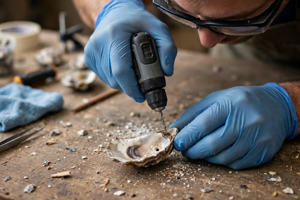 Hands drilling a small hole near the hinge of an oyster shell.