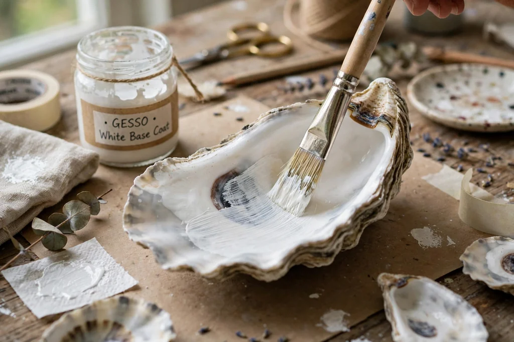 Brush applying a thin white base coat to an oyster shell.