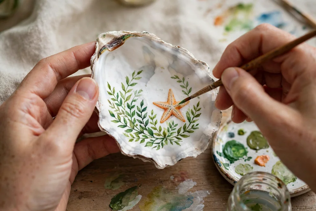 Hands painting a small coastal motif on a whitewashed oyster shell.