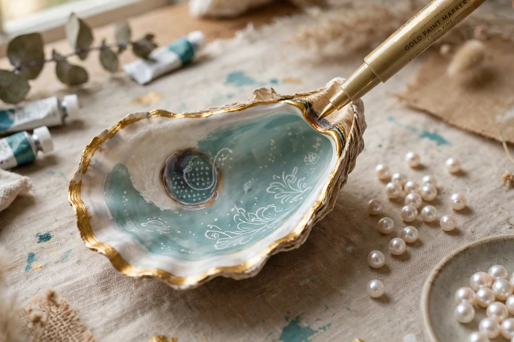 Gold paint pen tracing the rim of a painted oyster shell.