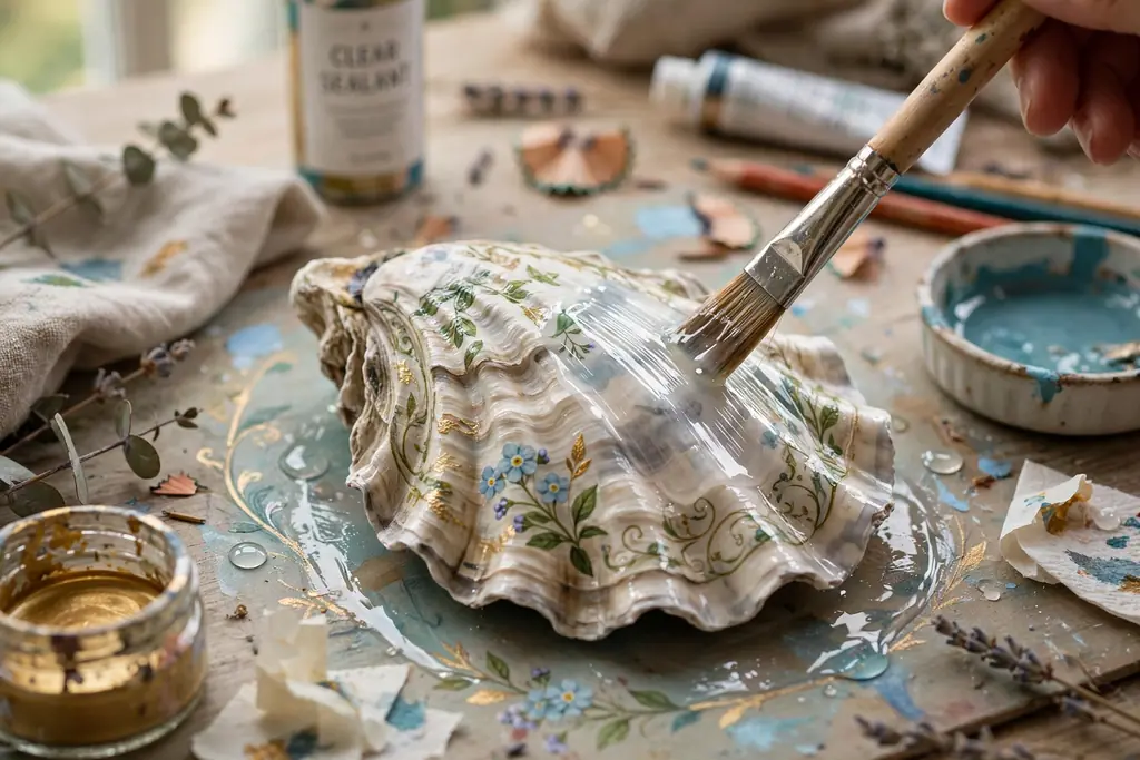 Brush applying clear sealant over a painted oyster shell ornament.