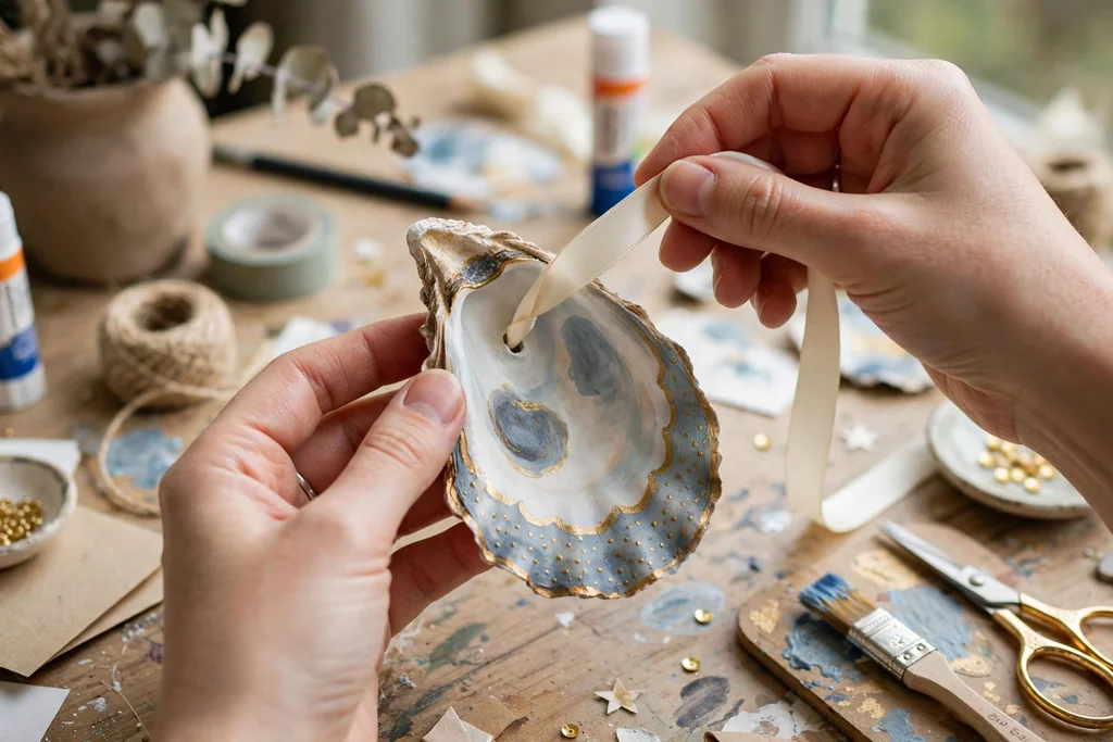Hands threading cream ribbon through a drilled oyster shell ornament.