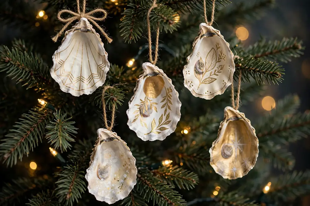 Painted oyster shell ornaments hanging spaced apart on Christmas tree branches.
