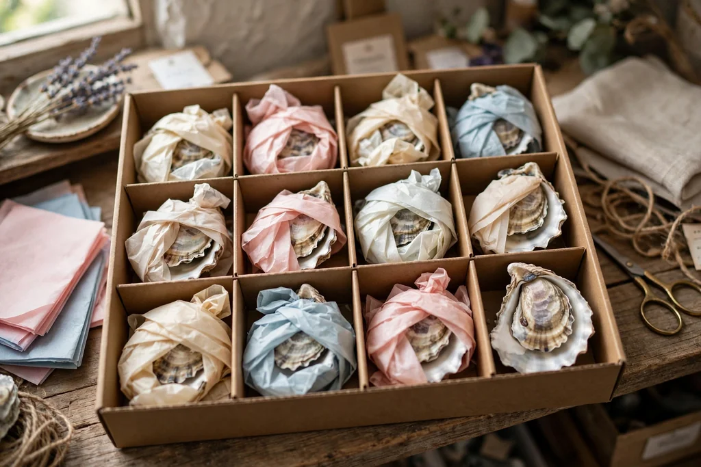 Oyster shell ornaments wrapped in tissue paper in a storage box.