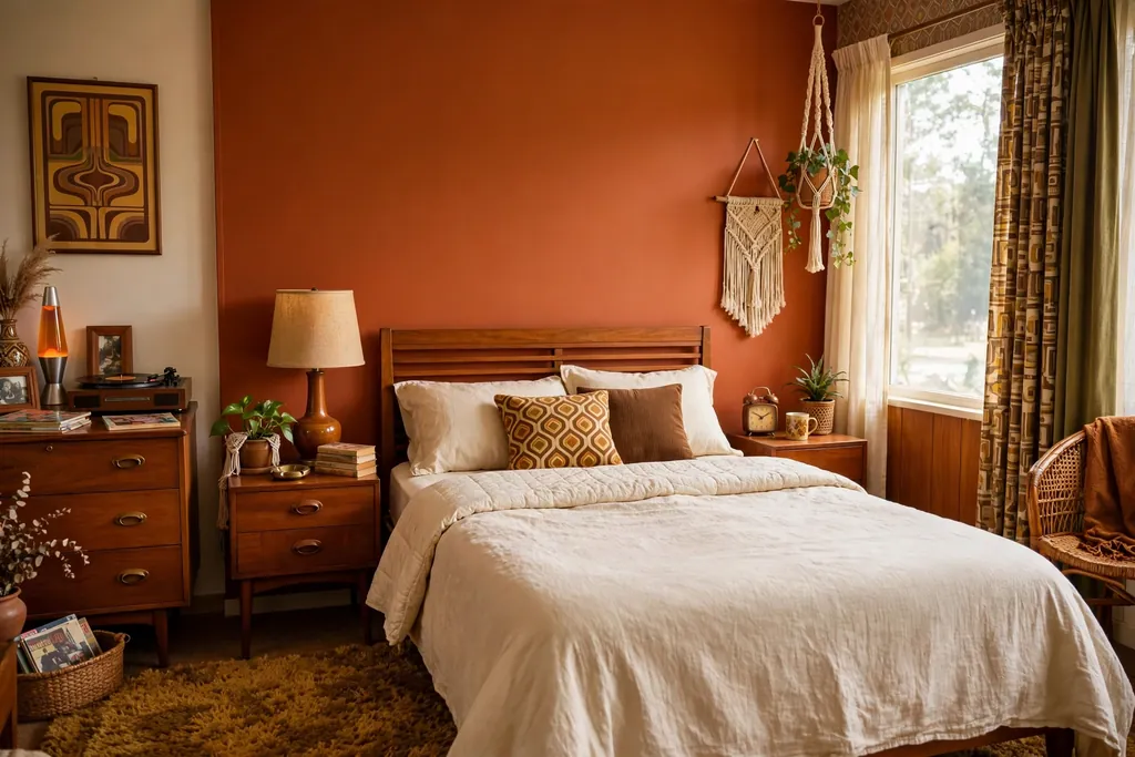 Bedroom with a burnt orange accent wall behind a bed with cream bedding.