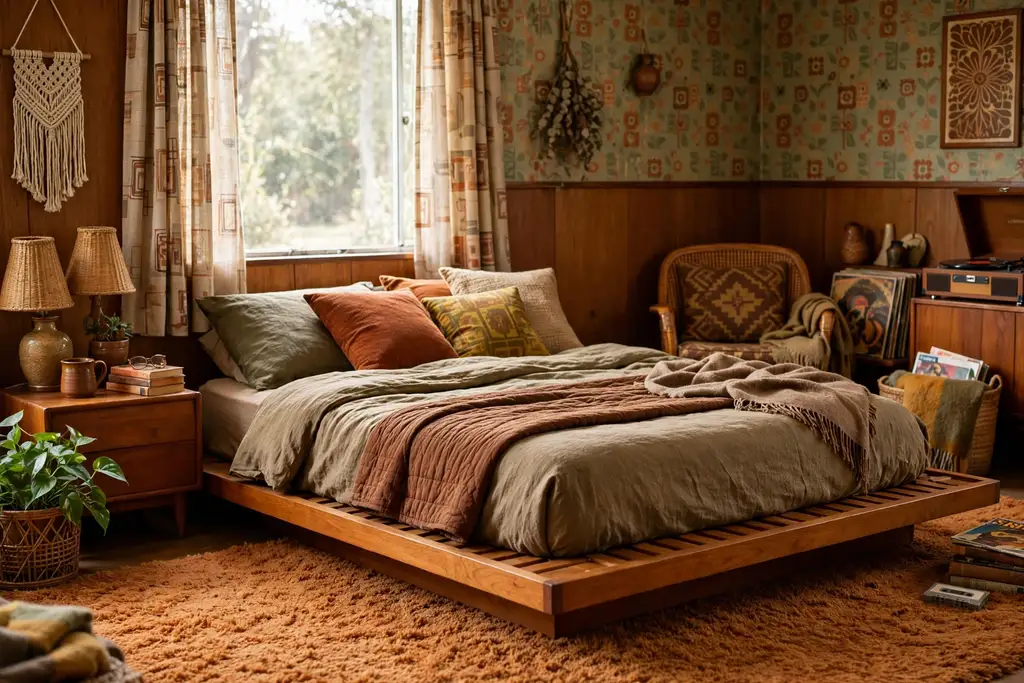 Low wooden platform bed in warm teak tones with earth tone bedding.