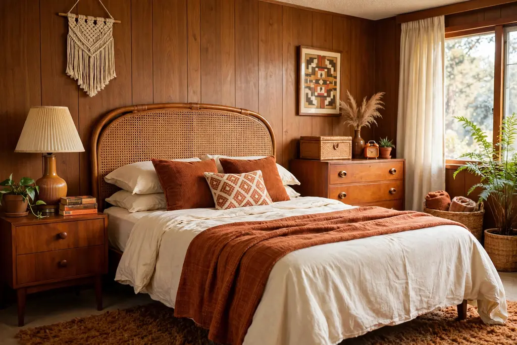 Bedroom bed with a rattan cane headboard and cream and rust bedding.
