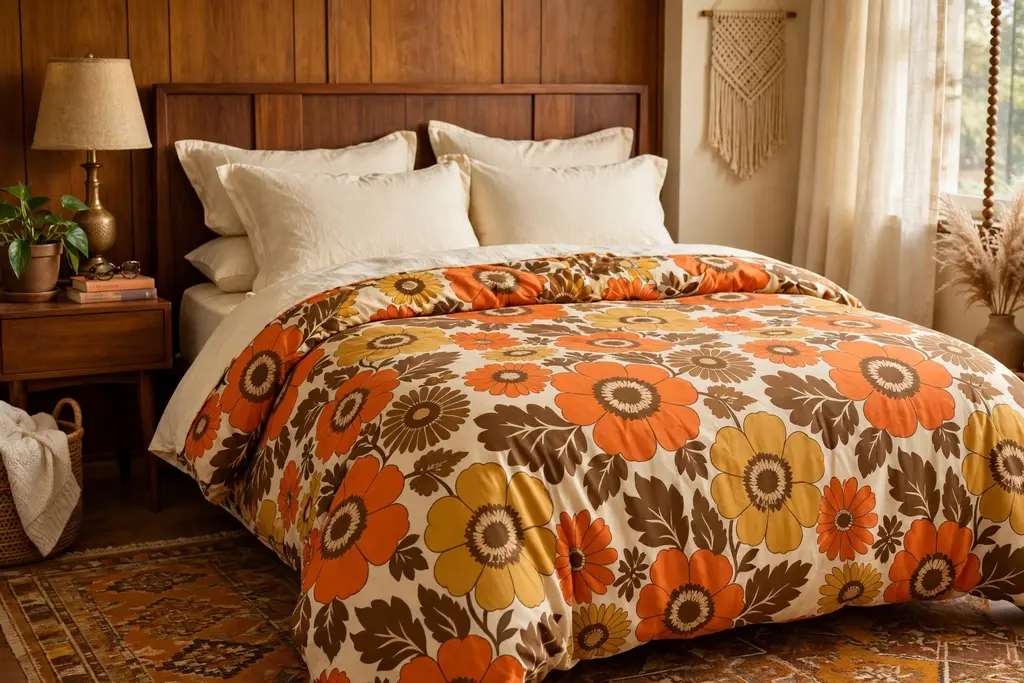 Bed with large scale 70s floral bedding in orange, mustard, and brown.