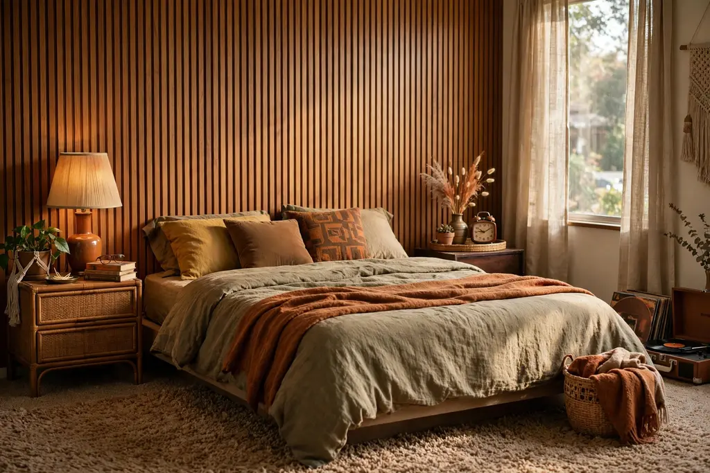 Bedroom wall with vertical warm wood slats behind a low bed.