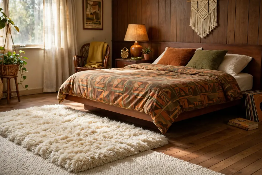 Thick cream shag rug beside a low bed on a wood floor.