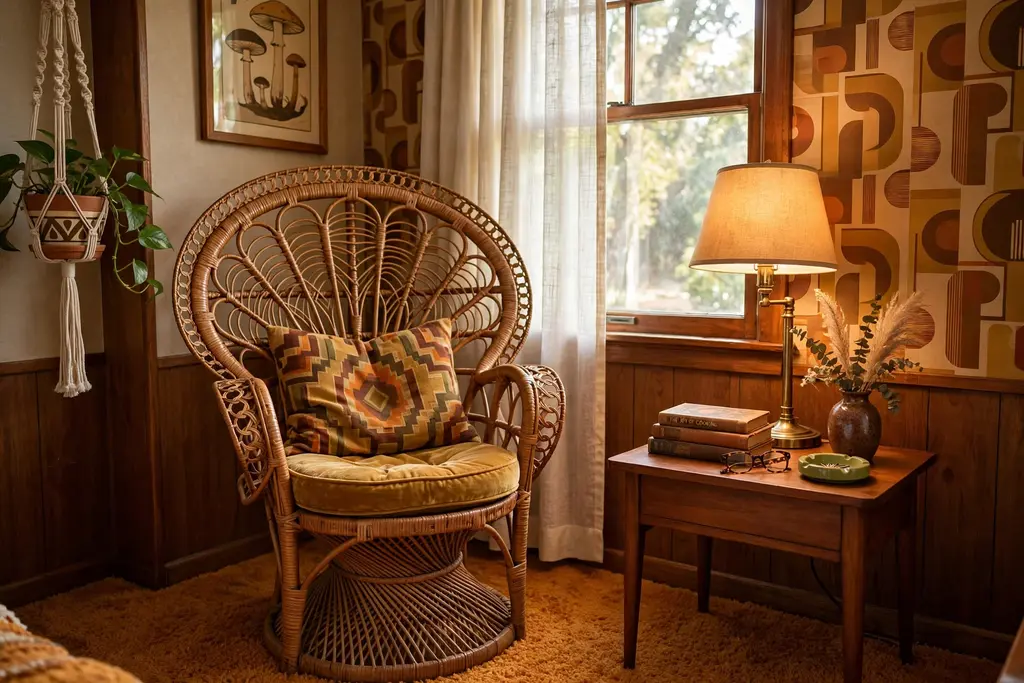 Bedroom corner with a rattan peacock chair, small side table, and reading lamp.